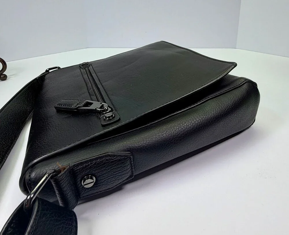 ALDO Men’s Black Pebble Grain Leather Messenger Crossbody Bag with Flap